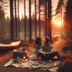 Et romantisk par på en skogssti ved solnedgang, piknikteppe, kajakk i bakgrunnen, varm nordisk fargetone, ekte og naturlig stemning