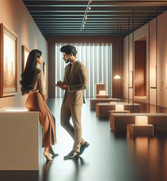 Et romantisk museumsinteriør med et par som diskuterer et kunstverk, myk belysning, moderne utstillingsdesign, varm fargepalett og nøytral bakgrunn