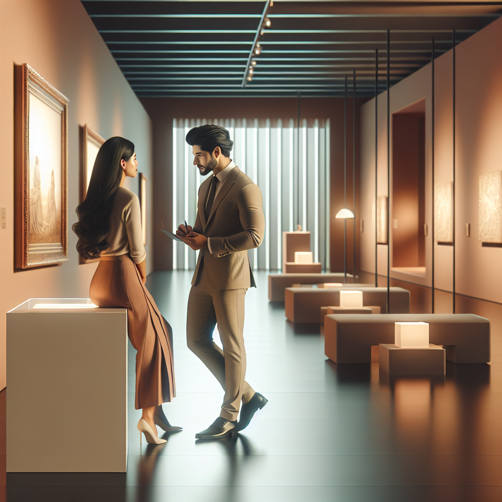 Et romantisk museumsinteriør med et par som diskuterer et kunstverk, myk belysning, moderne utstillingsdesign, varm fargepalett og nøytral bakgrunn
