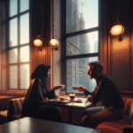 Et stemningsfullt kaféinteriør med et par som snakker over to kopper kaffe, varmt naturlig lys, myke farger og urban bakgrunn, romantisk og innbydende