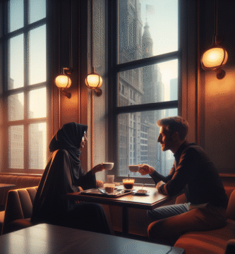Et stemningsfullt kaféinteriør med et par som snakker over to kopper kaffe, varmt naturlig lys, myke farger og urban bakgrunn, romantisk og innbydende