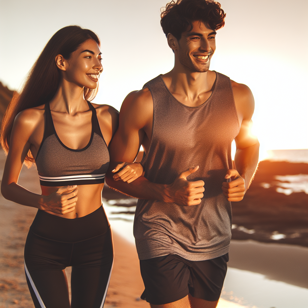 Et moderne par som jogger rolig langs kysten i varmt, gyllent lys, holder hender og smiler, fokus på velvære og nærhet