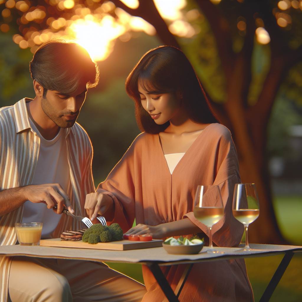 Et intimt stevnemøte i solnedgang: et par lager mat utendørs ved et lite bord i en grønn park, varme farger, avslappet stemning, moderne og naturlig stil
