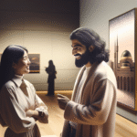 Et varmt, stemningsfullt bilde av et par som smiler og snakker foran et kunstverk i et moderne museum, myk belysning, intime detaljer, nordisk estetikk