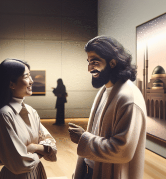 Et varmt, stemningsfullt bilde av et par som smiler og snakker foran et kunstverk i et moderne museum, myk belysning, intime detaljer, nordisk estetikk